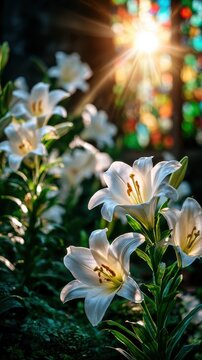 White Lilies Bathed In Golden Sunlight Near Stained Glass Window