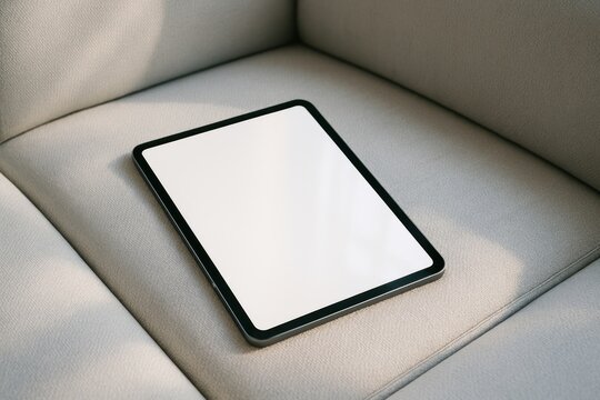 Tablet on beige sofa surface.