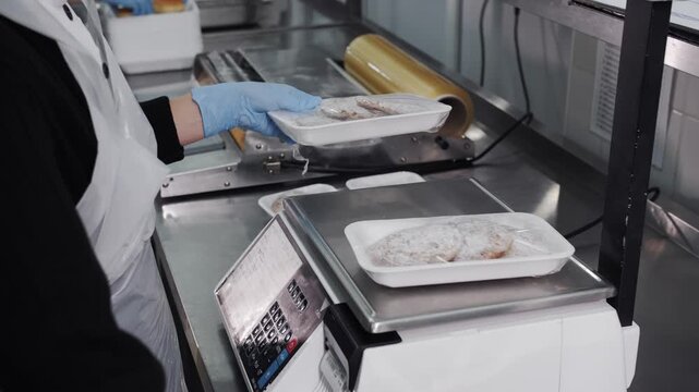 A worker labeling packaged shortbread cookies on a scale.