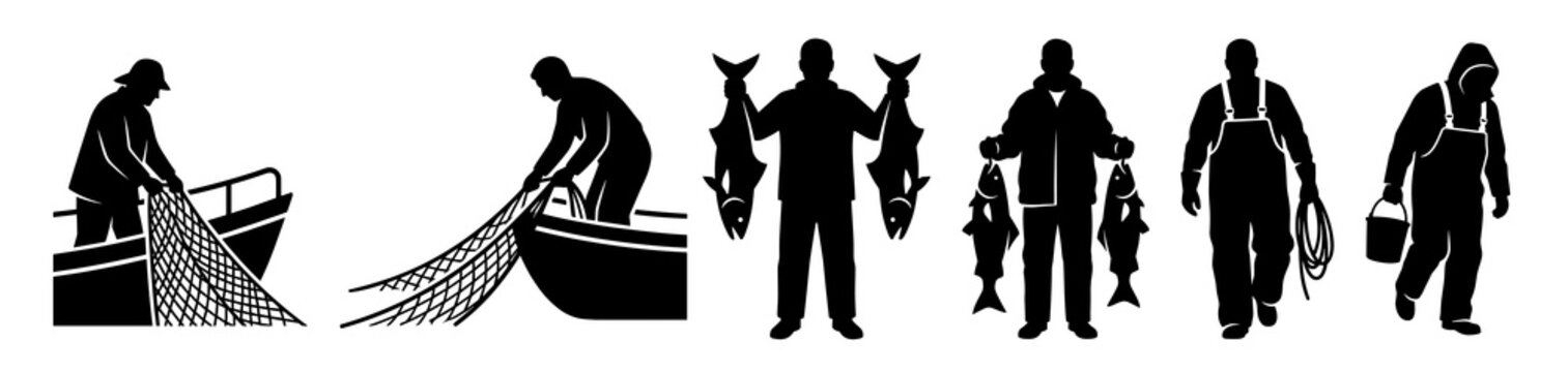 Collection of black silhouettes featuring professional fishermen working on boats pulling nets and carrying large fish after a successful harvest