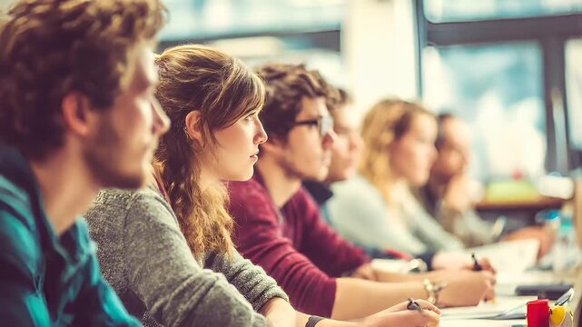 Education training class. Knowledge learning improvement study. A group of people seated at a table in a classroom, attentively listening to a lecture. They are holding pens.
