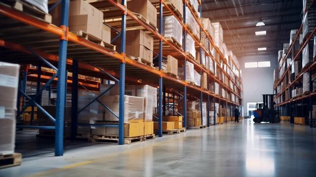 A spacious warehouse filled with neatly stacked boxes and organized shelves, showcasing efficient storage solutions.