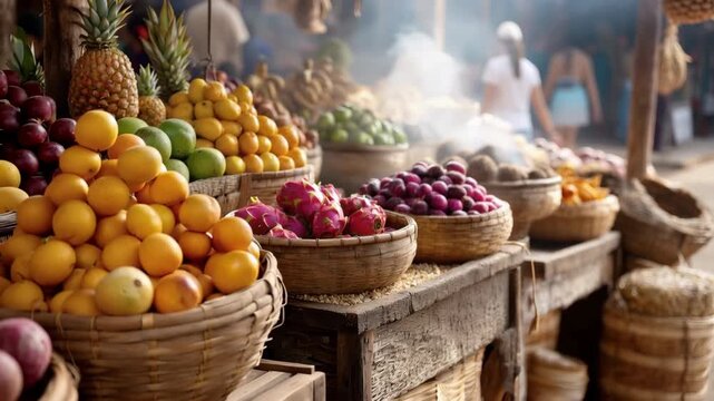 Slow pan along woven baskets of tropical fruit at outdoor market stall with drifting smoke