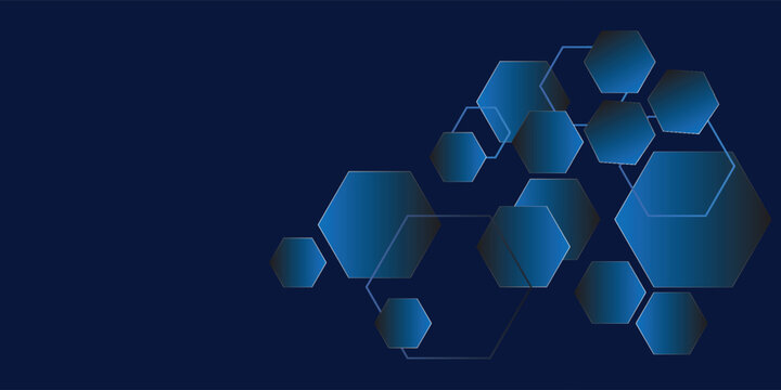 Abstract geometric hexagon shapes on blue background. Modern hexagonal pattern design elements. Medical, technology and science concept. Space for your text. eps10