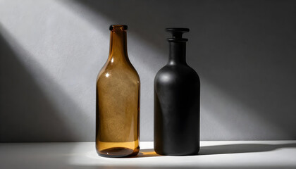 Two contrasting bottles, one amber glass and one matte black, stand side-by-side with dramatic lighting