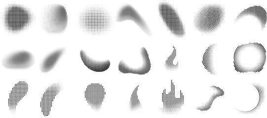 Fototapeta premium Halftone Abstract Shape Collection – Wavy Gradient Dotted Pattern, Smooth Curves, Vector Background Set.