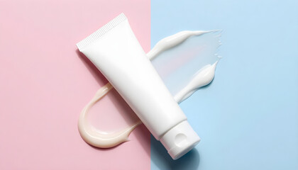 Fototapeta premium Minimalist white cosmetic tube with cream swatches on pastel pink and blue background
