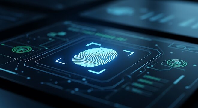 Digital Fingerprint Scanner Interface, Biometric Security Scan, Futuristic Technology