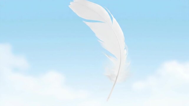 White feather floating gently in clear blue sky