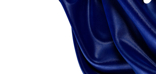 Close-up of a vibrant blue satin fabric in elegant folds, representing luxury, smoothness, and...