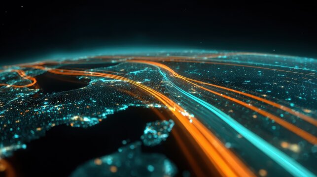 Global investment pathways visualized as glowing highways across Earth, futuristic realism, teal orange palette, 3D render, finance concept. 
