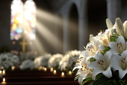 Solemn Church Interior With Beautiful White Lilies And Divine Light