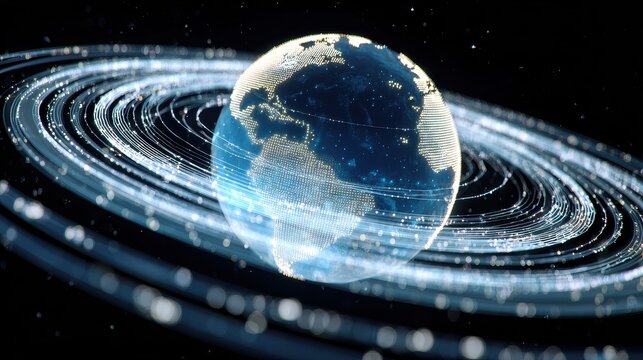 Global market cycles shown as rotating holographic rings around Earth, minimal futuristic, blue white glow, 3D concept, financial rhythm. 