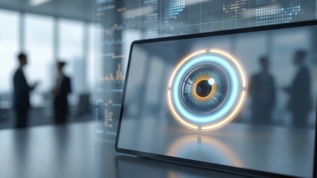 Ethical AI business digital eye interface tablet modern office highlighting data privacy vigilance and collaboration for secure data driven workflows