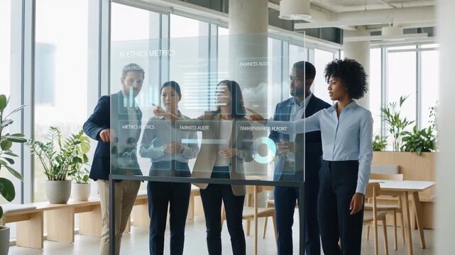 Ethical ai business team collaborating around transparent display reviewing analytics dashboard discussing fairness audit and metrics with diverse