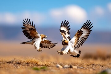 Fototapeta premium Two Birds of Prey Engaged in Mid-Air Combat Over a Single Target Prey Animal
