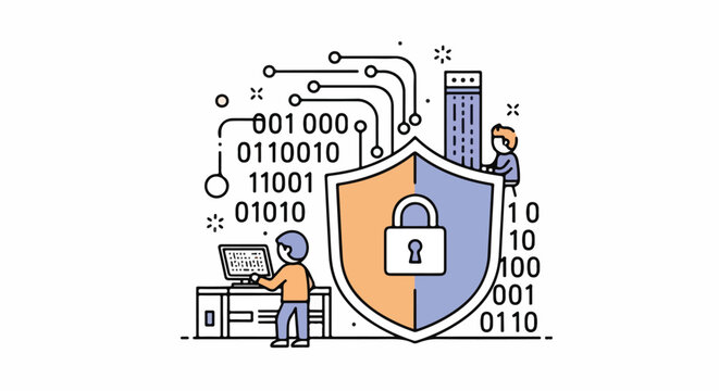 Illustrative Concept of Cybersecurity and Digital Data Protection, Featuring People, a Shield with Padlock, and Binary Code for Online Safety