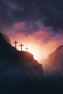 Three Crosses Silhouetted Against a Dramatic Sunset Sky on a Hilltop
