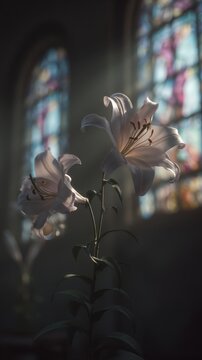 Elegant Lilies Bathed in Stained Glass Radiance a Sacred Glow