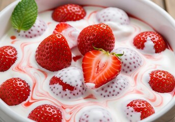 Fresh strawberries with creamy yogurt and a mint leaf create a delightful dessert.