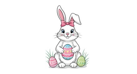 Easter Celebration, Cute Bunny with Eggs, Springtime Festivity, Illustration, Whimsical Setting, Colorful Viewpoint, Joyful Concept
