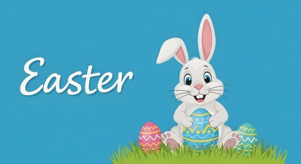 Cute Bunny with Colorful Eggs in a Bright Blue Background, Digital Illustration for Spring Festivities