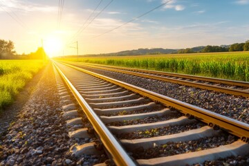 Obraz premium Serene Railway Line Stretching into Horizon with Sunlight Over Green Fields