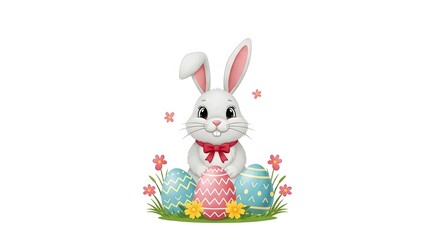 Easter Celebration, Cute Bunny, Spring Meadow, Illustration, Vibrant Colors, Whimsical View, Festive Concept