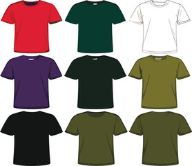 Colorful blank t shirt mockup vector set with assorted casual apparel templates isolated for fashion branding and print design