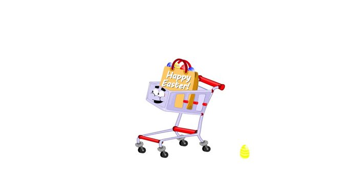 animated video, happy shopping cart cartoon, with easter eggs, advertising mascot on isolated white background