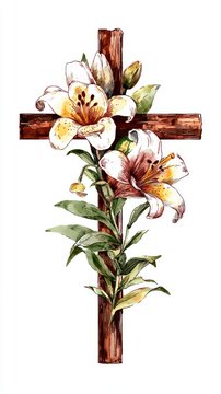 Watercolor Painting of a Wooden Cross Adorned with Beautiful Lilies