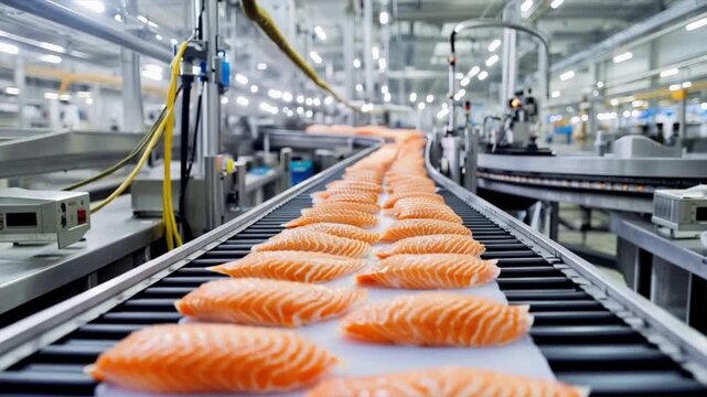 Fresh salmon fillets on a conveyor belt in a modern seafood processing facility showcasing efficient production.