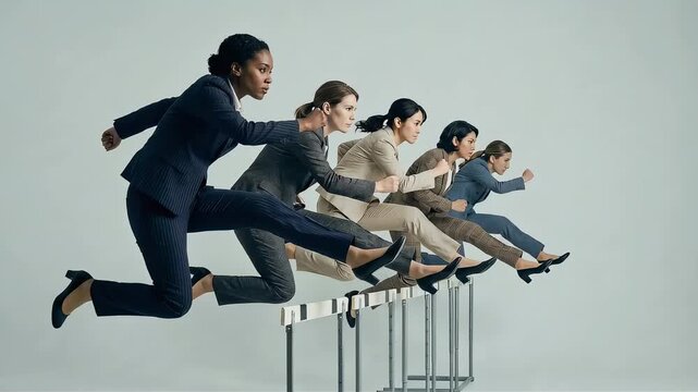 A team of businesswomen overcoming obstacles and moving towards the future, tackling hurdles