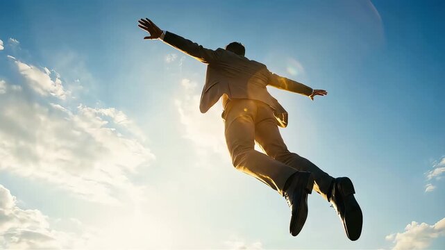 A businessman in a suit jumping with his wings flapping high into the blue sky