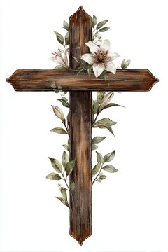 Rustic Wooden Cross Adorned with Elegant White Lilies and Greenery