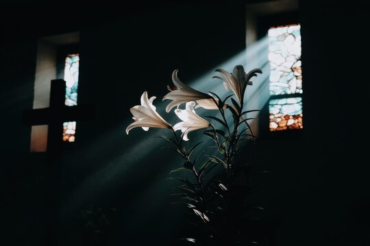 Divine Light Illuminates White Lilies Through Stained Glass Window