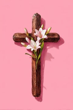 Rustic Wooden Cross Adorned With Elegant White Lilies Against Pink