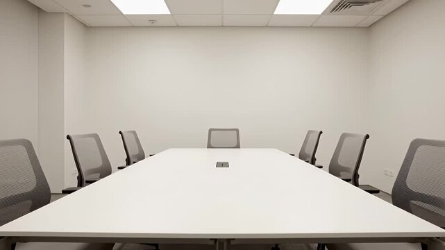 Modern conference room with white table and gray chairs.