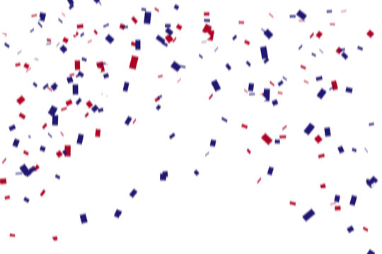 Red and blue rectangle confetti background, falling paper pieces on white, festive celebration border for party, carnival, victory event art

