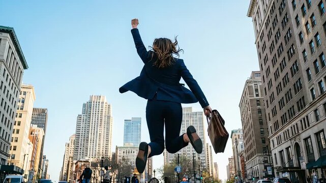 Rear view of a woman in a suit jumping for joy while holding a business bag