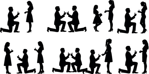 Obraz premium Romantic Silhouettes of Men Proposing to Women and Men Proposing to Men on Knees with Engagement Rings Collection