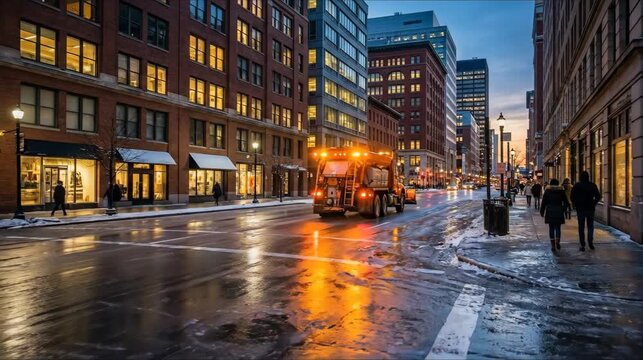 Salt spreader truck driving on a wet city street at dusk providing winter service for public area