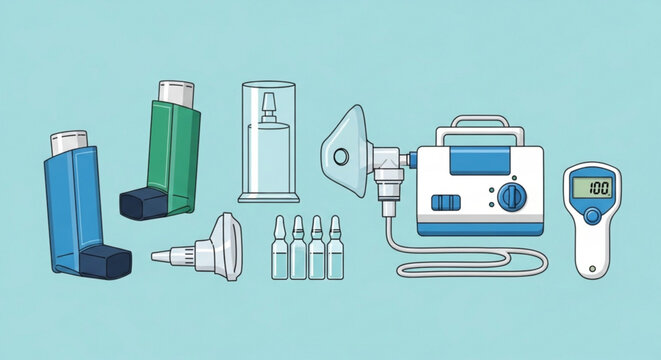 Medical asthma inhalers nebulizer peak flow meter and medication on blue background for respiratory health