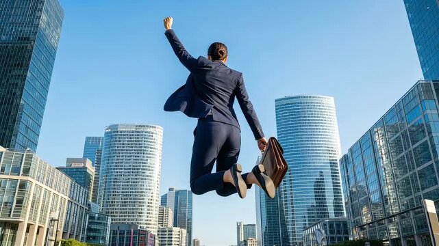 Back shot of a woman in a navy blue suit jumping high in celebration of success