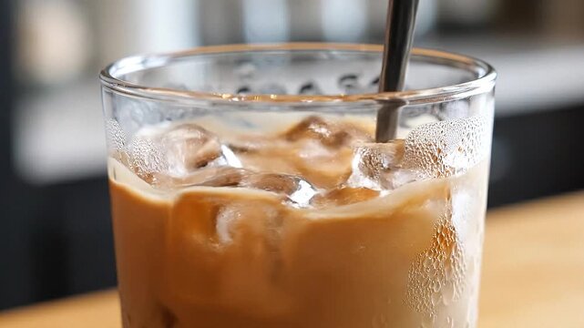 Milk swirling into a glass of dark iced coffee in a macro close-up.