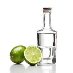 A bottle of vodka and lime on  isolated white background.
