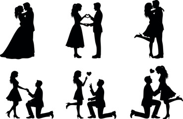 Obraz premium Set of romantic couple silhouettes featuring wedding bride and groom, engagement proposals, kissing, and heart shapes isolated on white background