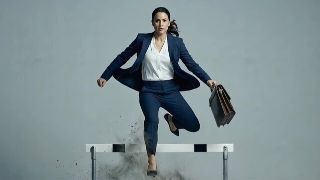 A career woman in a suit jumping over hurdles and overcoming business obstacles