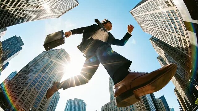 A businessman running through a big city. A dynamic jump captured from a low angle, with skyscrapers and buildings.