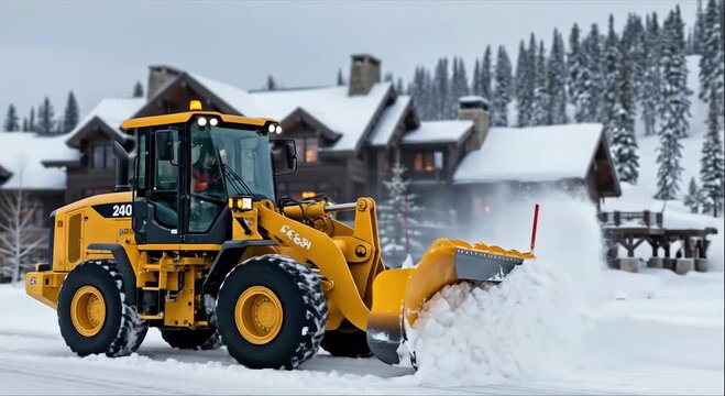 Yellow loader clearing snow from a road in front of luxury homes with a man operating heavy equipment for winter service